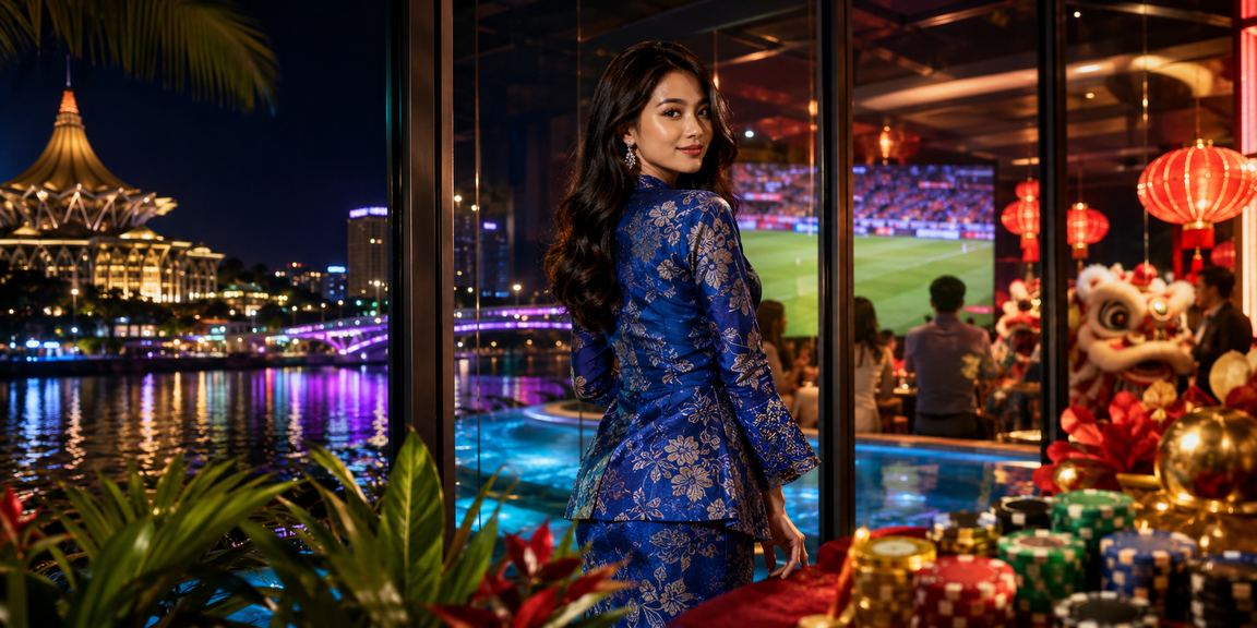 Woman in baju kurung from Kuching using an online casino app on a smartphone